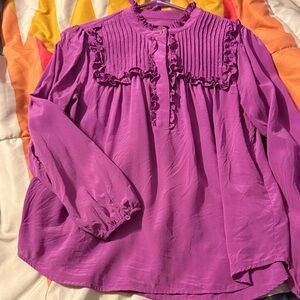 J. Crew Magenta Ruffle Yoke Long-Sleeve Blouse